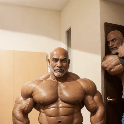 2boys, A handsome mature old indian dad with a massive beard and no shirt standing in front of a door,bald head,hyper muscular, pumped, roids, huge pecs, arms, biceps, shoulders, male focus, centered, tan skin, dom, meticulous muscle definition, detailed f...