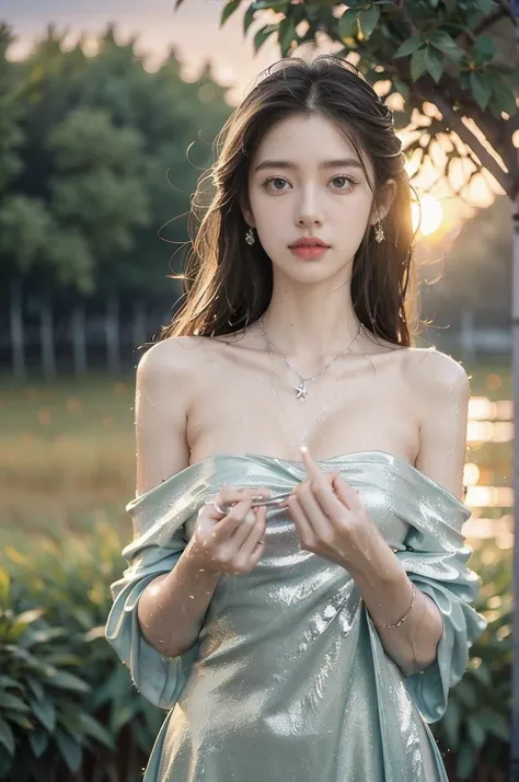 (((best quality))),(((ultra detailed))),(((masterpiece))),illustration,1 beautiful girl,solo,slim,thin,flat chest,shoulder length straight bob hair,flowing hair,fair skin,(shiny skin:1.3),sparkling eyes,blue dress,delicate silver necklace,grass,dewdroplett...