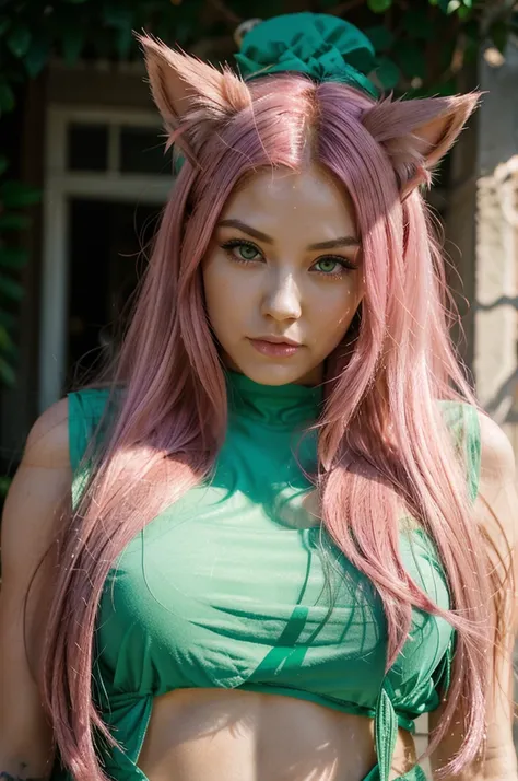 a pretty woman with long pink hair with cats ears has a emerald green jade eyes.