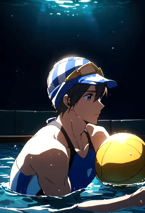 full-body haruka_nanase wearing waterpolo swimsuit and waterpolo headwear, playing waterpolo