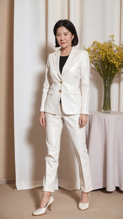 60-year-old woman， Soft headlights，High-density imaging，（Clean and delicate face），((Looking to the side))，((White suit))，((Various dynamic poses))，((((full-body shot))))，((((White mid-heel leather shoes))))，((White curtains in the background))，best quality...