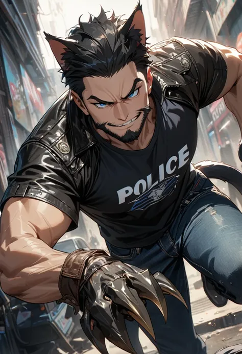 Adult man, short black hair, beard, blue eyes, cat ears, cat tail, smirk, jeans, leather coat, claws, police T-shirt, Masterpiece, best quality, Full HD, 8k, ultra details, great graphic