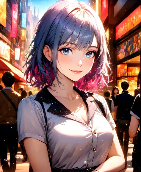 Shinjuku, Cute casual clothes,On a date,Blur the background,Shortcuts,high school girl,smile,Glitter effect,Highest quality, 8K, High resolution, masterpiece:1.2, Very detailed, Realistic:1.37, High resolution, 超High resolution, Ultra-fine painting, Very d...