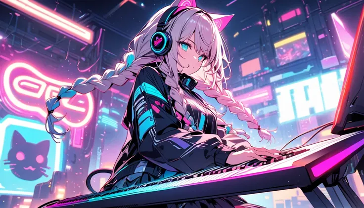 Beautiful 1, single, girl with braids, hair with glowing wires Wears a half hat, headphones, cat ears, mixed with sci-fi and neon tones. In the background is a robot with neon lights. The background image is a large robot, clearly visible. ,on stage, playi...