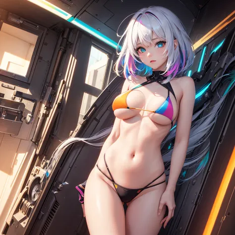 {{masterpiece}}, best quality, extremely detailed CG unity 8k wallpaper, cinematic lighting, lens flare, beautiful detail eyes, black,  side glance,  multicolor short white hair, colorful light, particles, heterochromia, (colorful:1.5), (colorful hair:1.5)...