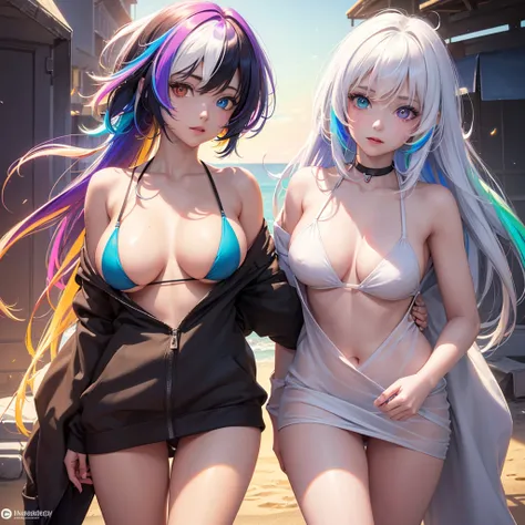 {{masterpiece}}, best quality, extremely detailed CG unity 8k wallpaper, cinematic lighting, lens flare, beautiful detail eyes, black,  side glance,  multicolor short white hair, colorful light, particles, heterochromia, (colorful:1.5), (colorful hair:1.5)...