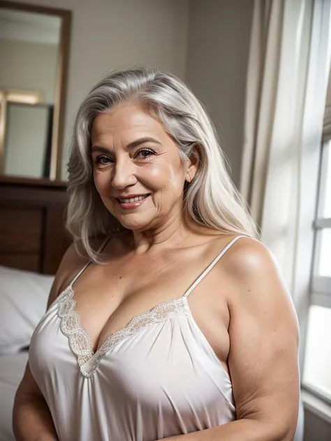 Mature old woman 80 years with hair, plus size, overweight, old face and body with many wrinkles, smiling, loose skin, standing at her bedroom posing for photo, She wearing white satin nightie, wearing sexy white robe, jaw dropping mature older beauty, old...