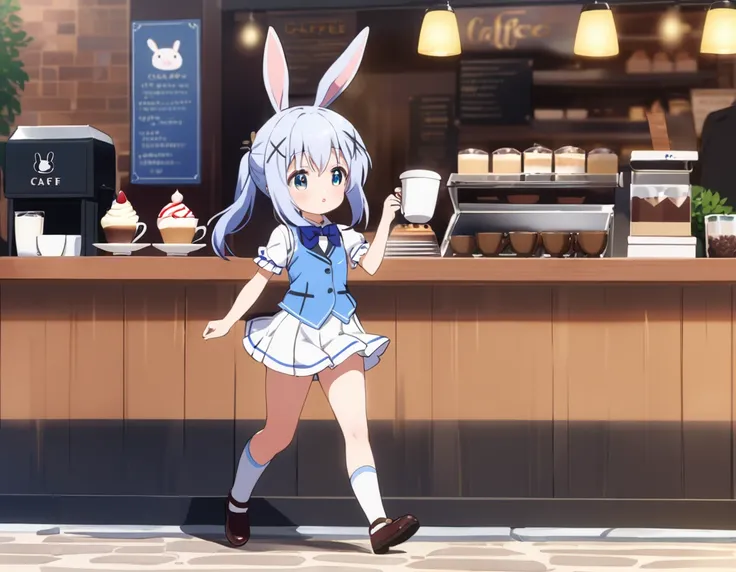 chino, best quality,perfect face, shining eyes, cafe,coffee,loli,full body,blue vest,short skirt,embarrassing,rabbit ornaments, ...