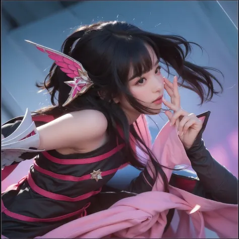 Cute girl with black hair and pink wings posing for a picture, extremely detailed, realistic