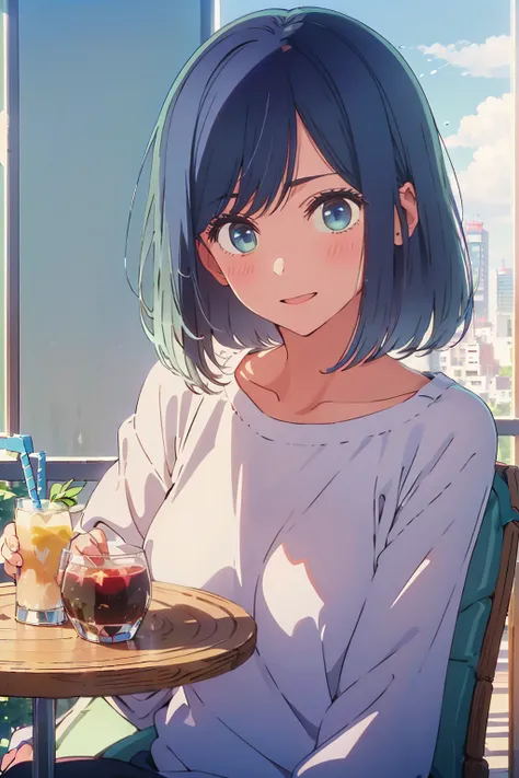 (Highest quality:1.4、8K:1.4、detailed)、F cup bust、Big Breasts、Slim body、Very white beautiful skin、((((1 person、smile、Surprised expression、sit、Chair、In the background are the urban buildings of Tokyo、looking at the camera、Indoor cafe terrace、Navy hair color、...