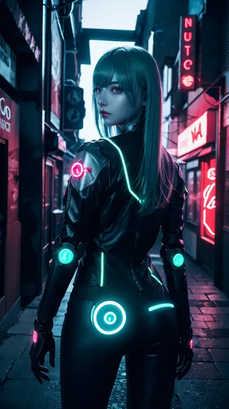 Neon Noir Beautiful Female Semi Robot,Looking at Viewer, . Cyberpunk, Dark, Back alley, neon signs, High contrast, low illuminance, Vibrant, Highly detailed, Green Ash Hair Color, Luminous Eyes