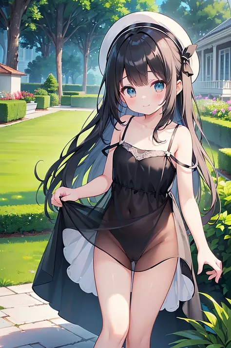 (high quality, High resolution, Very detailed, reality:1.37), Peaceful atmosphere, (Outdoor, garden), 5 year old girl standing alone, (my breasts are small.), Beautiful details, Cute Smile, (Black long hair), ((White sheer camisole dress)), White socks, Wh...