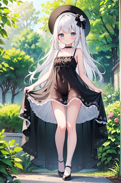 (high quality, High resolution, Very detailed, reality:1.37), Peaceful atmosphere, (Outdoor, garden), 5 year old girl standing alone, (my breasts are small.), Beautiful details, Cute Smile, (Black long hair), ((White sheer camisole dress)), White socks, Wh...