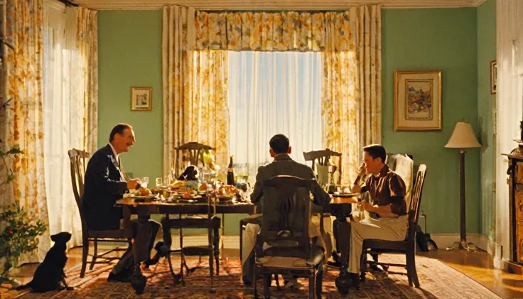 Scene in the living room，Dad is on the left side of the picture，Dad eats on the left side of the table，Window with half-open curtains in the background