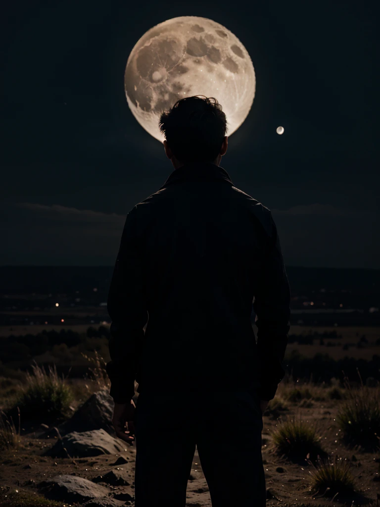 A man standing looking at the moon, dramatic lighting