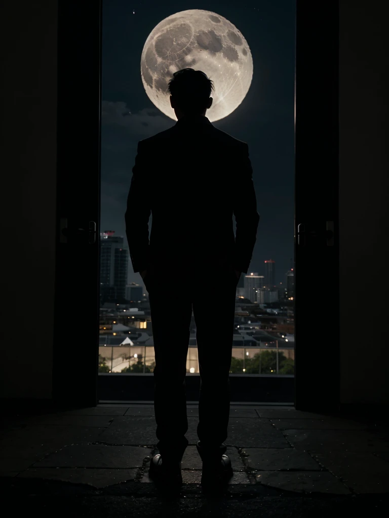 A man standing looking at the moon, dramatic lighting