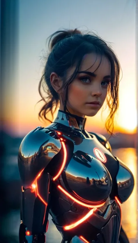 ((film grain, bokeh, light particles ,dust motes, extreme camera angle.)), dynamic pose, full body photo of a young attractive broken cyborg female, eyebrow up, sunrise time, rays reflection, gray strand of hair