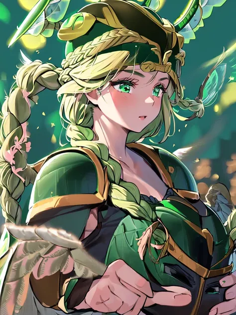 masterpiece, ultra-detailed, best quality,1girl, 18yo, beautiful girl,BREAK,(Green armor:1.8),BREAK,(french braid:1.8),BREAK,(Helmet with wings:1.8),