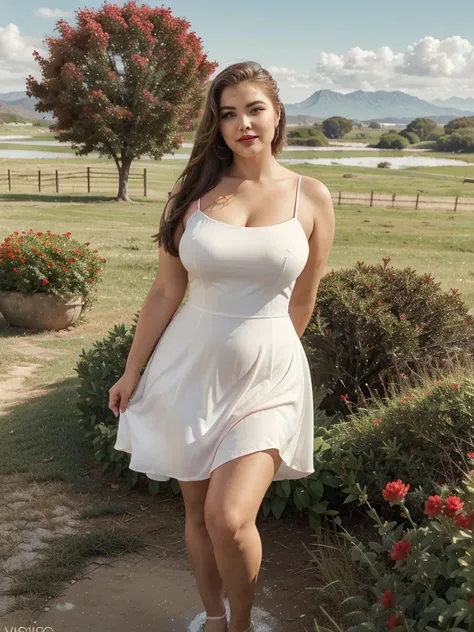 Araffe dress,Red dressRed wearing a short dress (white), a mountain of water near the grass, light green, shining flowers,Red skywearing a suit (white), lipstick (pink) Escasamente vestido.Smooth sky model Hermosa figuracuerpo voluptuoso curvy hermosas son...