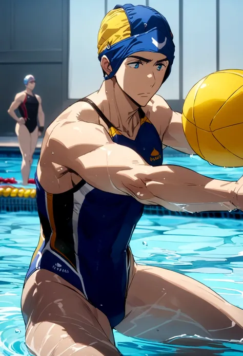 full-body sousuke_yamazaki wearing waterpolo swimsuit and waterpolo headwear, playing waterpolo