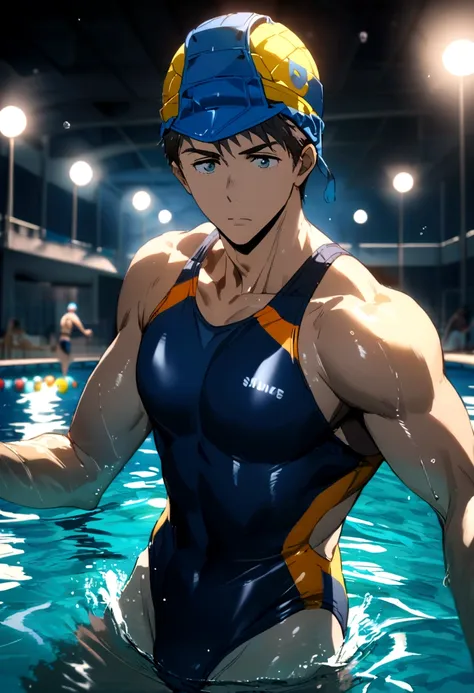 full-body sousuke_yamazaki wearing waterpolo swimsuit and waterpolo headwear, playing waterpolo