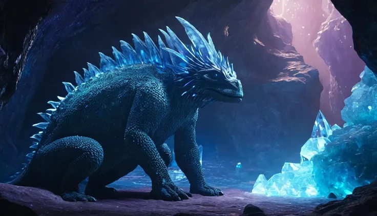 Closeup of An ancient creature, sitting in a Crystal Cavern