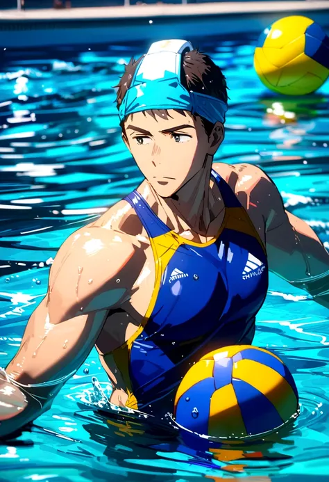 full-body sousuke_yamazaki wearing waterpolo swimsuit and waterpolo headwear, playing waterpolo