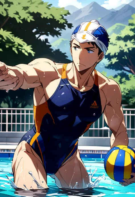 full-body sousuke_yamazaki wearing waterpolo swimsuit and waterpolo headwear, playing waterpolo