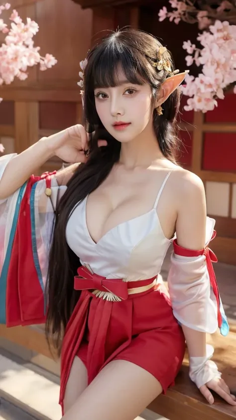 (((big breasts))), cute girls, elf, 1girl, solo, long hair, looking at viewer, skirt, (big breasts and exposed breasts), a slim navel, black hair, hair ornament, gloves, cleavage, brown eyes, detached sleeves, japanese short clothes, wide sleeves, blunt ba...