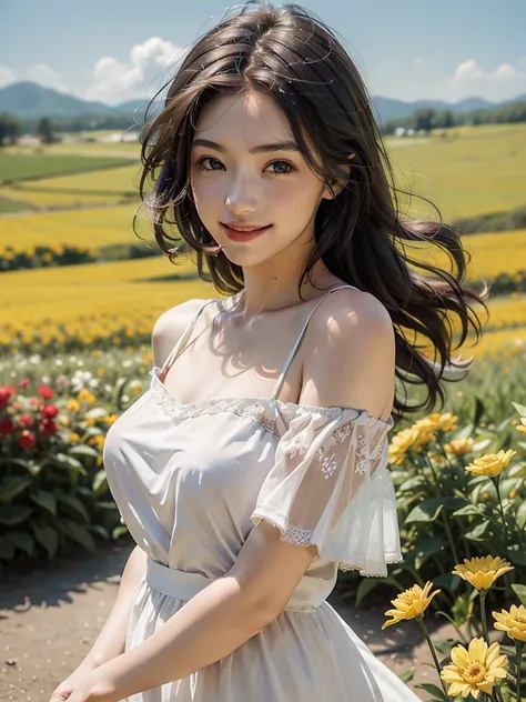 Highest quality, masterpiece, Ultra-high resolution, (Realistic:1.4), RAW Photos, One girl, White Dress, Off the shoulder, Flower Field, Glowing Skin, A light smile