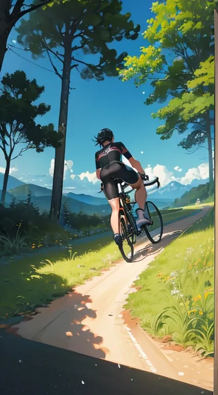 (bike: 1.5), (realistic bike: 1.5), (realistic cyclist: 1.5), cyclist back to foreground, lofi landscape, naturey, floor, forst, Compensation, undergrowth, landscape background, eyeshadows, sharp contrast, makoto shinkai (best qualityer:1.3), (alta refloor...