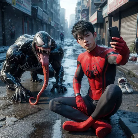 3d hyper realistic an asian man ,25 years old, short and spiky hair wearing a spiderman costume is taking a selfie with a black creature called venom on a dirty sidewalk , with snowfall ,4k,UHD,cinematic,ultra realistic