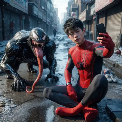 3d hyper realistic an asian man ,25 years old, short and spiky hair wearing a spiderman costume is taking a selfie with a black creature called venom on a dirty sidewalk , with snowfall ,4k,UHD,cinematic,ultra realistic