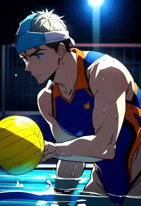 full-body sousuke_yamazaki wearing waterpolo swimsuit and waterpolo headwear, playing waterpolo