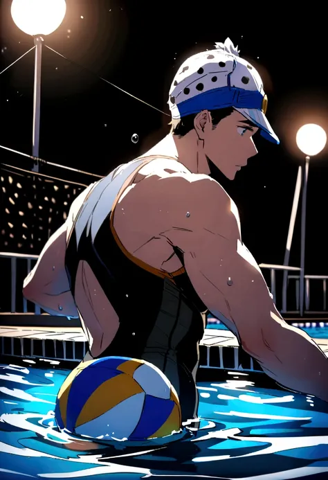 full-body sousuke_yamazaki wearing waterpolo swimsuit and waterpolo headwear, playing waterpolo