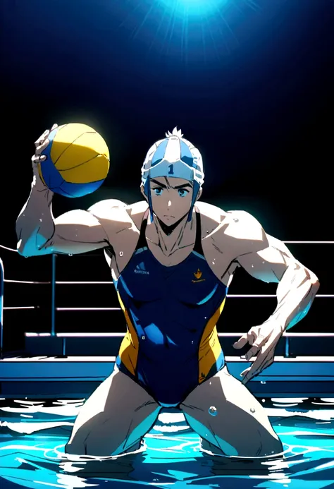 full-body sousuke_yamazaki wearing waterpolo swimsuit and waterpolo headwear, playing waterpolo