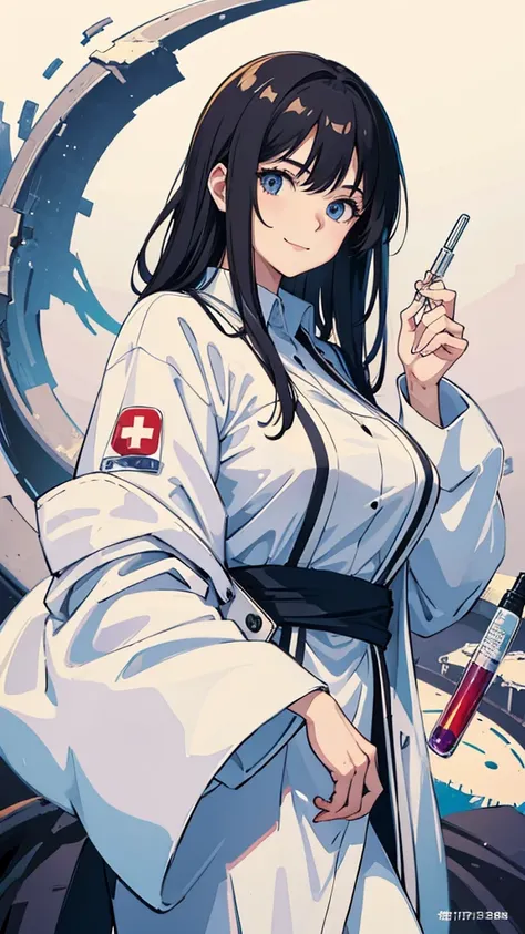 Highest quality、woman、White、Scientist、Holding a syringe、Suspicious Smile、Large Breasts