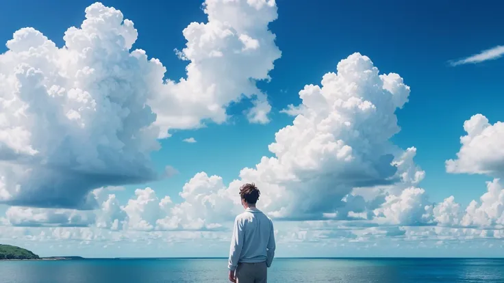 ### Prompt for Generating Flawless Illustration:
"Generate an illustration of a man standing along a serene coastline under the sunlight. Behind him, cumulus clouds fill the summer sky, which stretches high and blue. His expression reflects tranquility and...