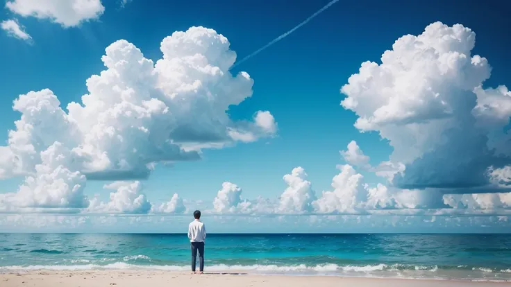 ### Prompt for Generating Flawless Illustration:
"Generate an illustration of a man standing along a serene coastline under the sunlight. Behind him, cumulus clouds fill the summer sky, which stretches high and blue. His expression reflects tranquility and...