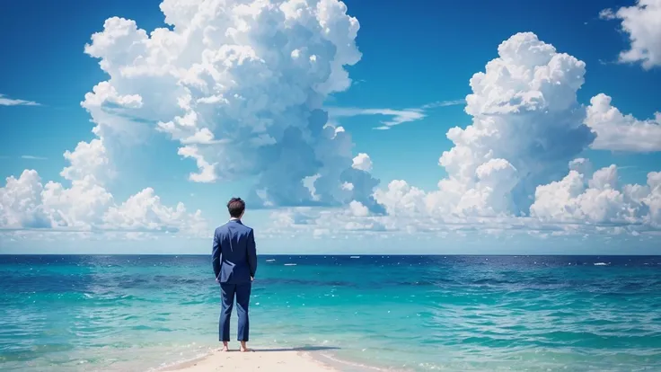 ### Prompt for Generating Flawless Illustration:
"Generate an illustration of a man standing along a serene coastline under the sunlight. Behind him, cumulus clouds fill the summer sky, which stretches high and blue. His expression reflects tranquility and...