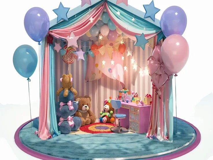 there is a small tent with balloons and a teddy bear, toy room, in a candy land style house, inside a child's bedroom, inside a ...