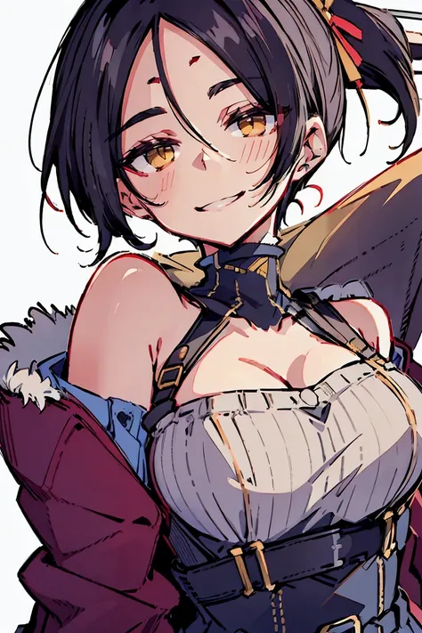 hui xiyi, rekkyo sensen, rekkyou sensen, character design ((black hair, tits cleavage, waving, breasts close up, suspenders, dre...