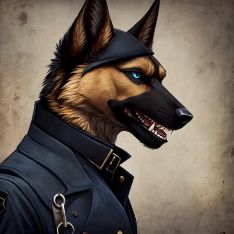 Furry commission, German shepherd, black SS uniform, Sharp teeth, Blue eyes, black collar, pointy black claws, gentleman, psycho,war background.