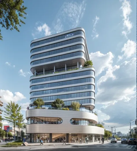 the image depicts a busy city street with a large building and a nearby bus stop—the building with glass windows, and concrete c...