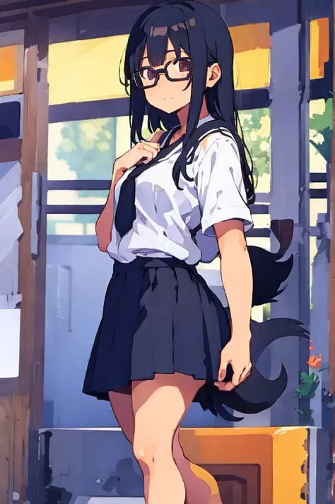 Gifu Station, boy, Black Hair, Wolf Cut, Glasses, sunny, rainbow, Small breasts, Long skirt