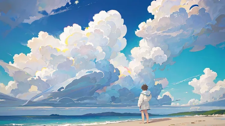 ### Prompt for Generating Flawless Illustration:
"Generate an illustration of a man standing along a serene coastline under the sunlight. Behind him, cumulus clouds fill the summer sky, which stretches high and blue. His expression reflects tranquility and...