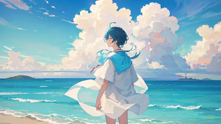 ### Prompt for Generating Flawless Illustration:
"Generate an illustration of a man standing along a serene coastline under the sunlight. Behind him, cumulus clouds fill the summer sky, which stretches high and blue. His expression reflects tranquility and...