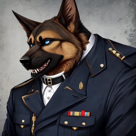 Furry commission, German shepherd, black SS uniform, Sharp teeth, Blue eyes, black collar, pointy black claws, gentleman, psycho,war background.