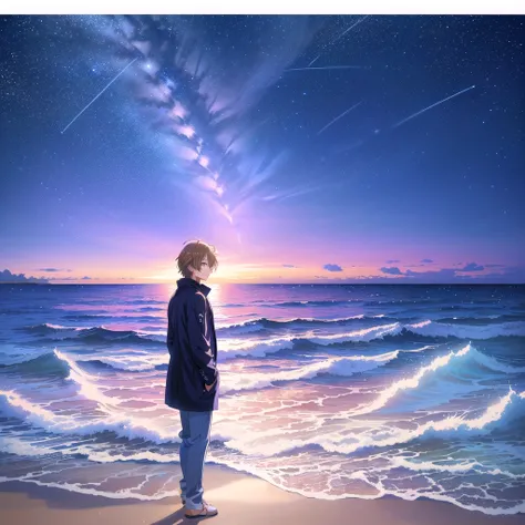 anime anime art of a man standing on a beach looking at a large star, anime art wallpaper 4 k, anime art wallpaper 4k, anime art wallpaper 8 k, anime sky, anime landscape wallpaper, anime background, anime wallpaper 4k, anime wallpaper 4 k, 4k anime wallpa...