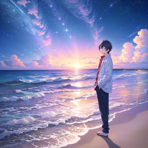 anime anime art of a man standing on a beach looking at a large star, anime art wallpaper 4 k, anime art wallpaper 4k, anime art wallpaper 8 k, anime sky, anime landscape wallpaper, anime background, anime wallpaper 4k, anime wallpaper 4 k, 4k anime wallpa...